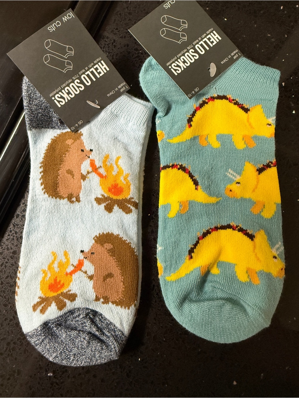 Women’s Animal Ankle Socks - Hedgehog & Dinosaur (Blue, Yellow)